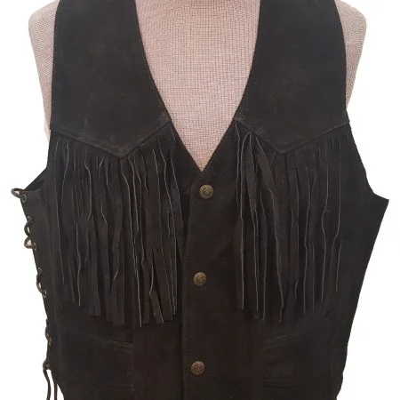 Men's  Country Western Cowboy Suede Leather Fringed Vest with Adjustable Laces