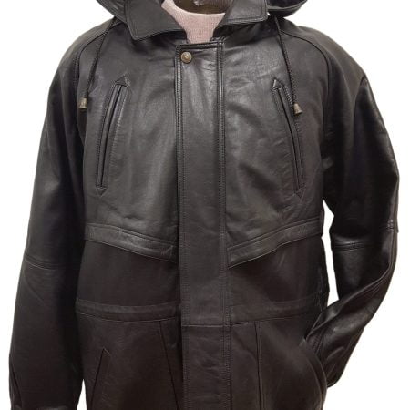 Unisex Soft Leather Belted Parka Hip Hooded Jacket