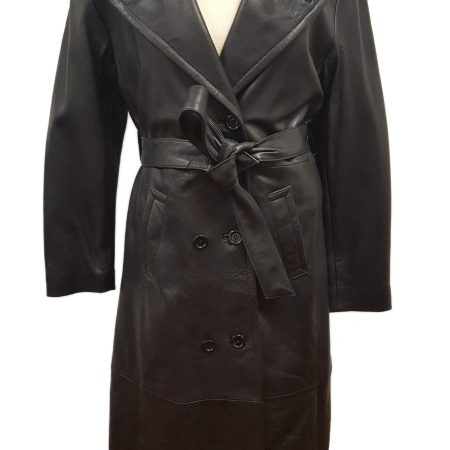 Women’s Full Length Long Luxurious Soft Black Leather Double Breasted Belted Long Coat