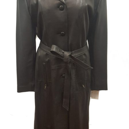 Women’s Single Breasted Black Full Length Long Luxurious Button Down Belted Soft Leather Coat