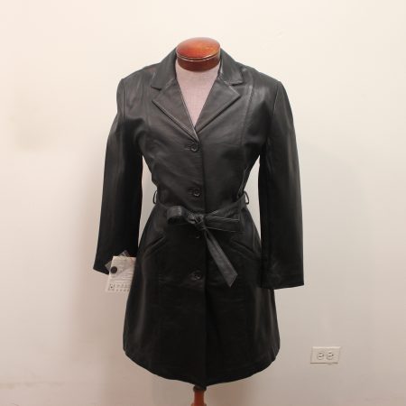 Women’s Black Belted Soft Leather Bold ¾ Long Coat