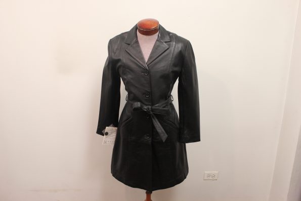 Women’s Black Belted Soft Leather Bold ¾ Long Coat