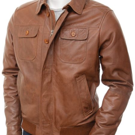 Men's Western Button Zip Tan Leather Bomber Jacket