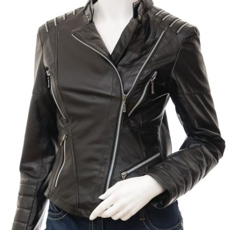 Women's Black Leather Biker Full Zipper Design