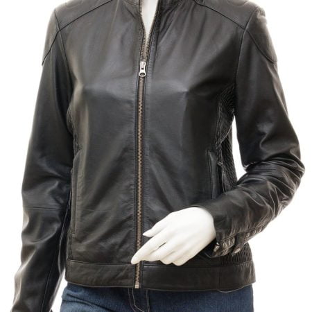 Women's Biker Collarless Style Braided Side Leather Jacket