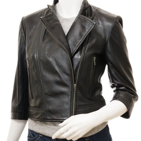 Women's Biker Cropped Short Black Leather Jacket