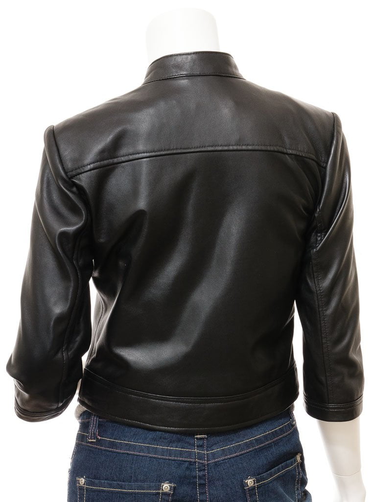 Women's Biker Cropped Short Black Leather Jacket - LeatherDrive