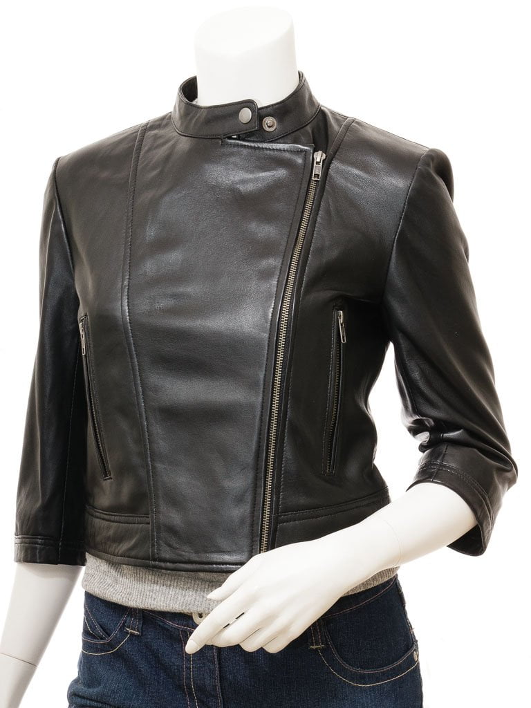 Women's Biker Cropped Short Black Leather Jacket - LeatherDrive
