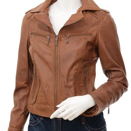 Women's Leather Tan Biker Motorcycle Jacket