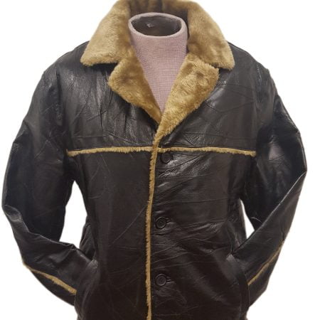 Men’s Black Leather 4 Button Coat with Faux Tan Fur lining