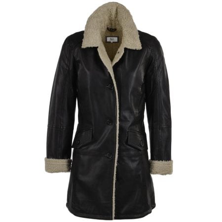 Women's Black 3 Button 3/4 Length Fur Trim Leather Coat