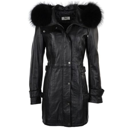 Women's Leather Parka Fur Hooded Jacket