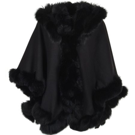 Women's Suede Leather Fur Trim Poncho Shawl Cape Hooded