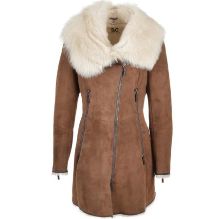 Women's Suede Tan Leather Fur Collar Long Coat