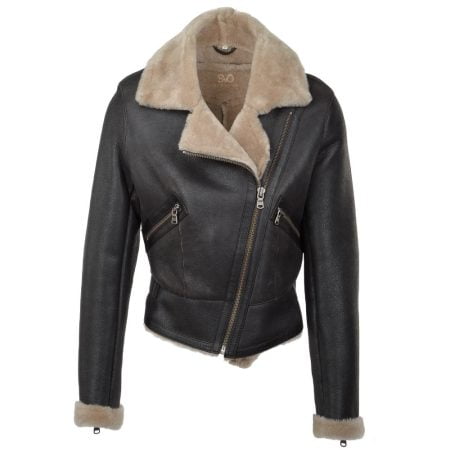 Women's Black Sheepskin Leather Fur Moto Biker Jacket