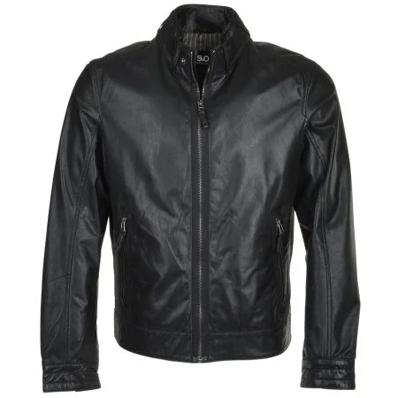Snap button leather collar biker jacket