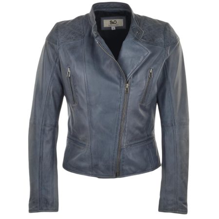 Women's Single Collar Snap Button Quilted Shoulder Leather Biker Moto Jacket