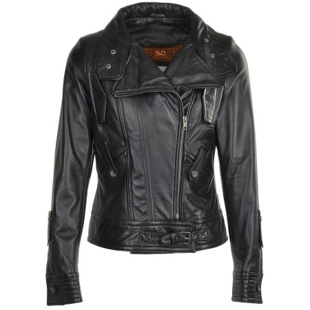 Women's Leather Biker Snap Collar Double Lapel Belted Jacket