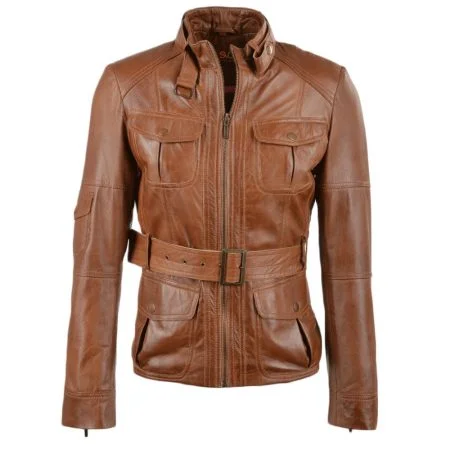 Women's Leather Belted 3/4 Cognac Jacket