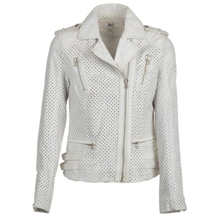 Women's Leather Diamond Hole Design White Biker Jacket