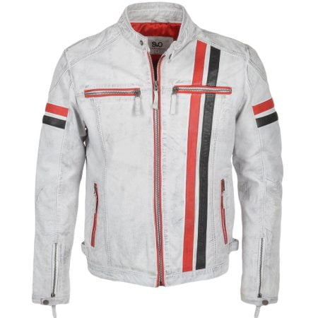 Men's Leather Moto Racer Biker White & Red Racing Stripes Jacket