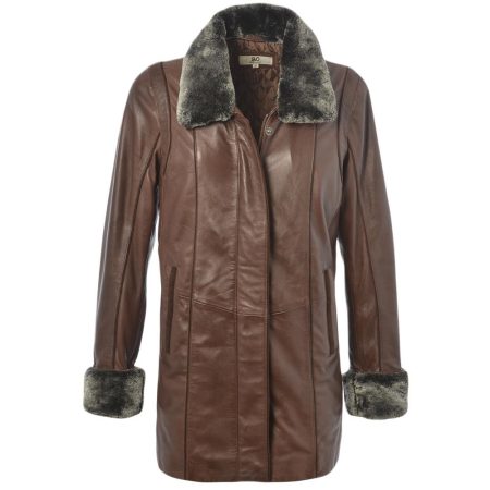 Women's Leather Parka Fur Trim Neckline Cuffs 7/8 Coat