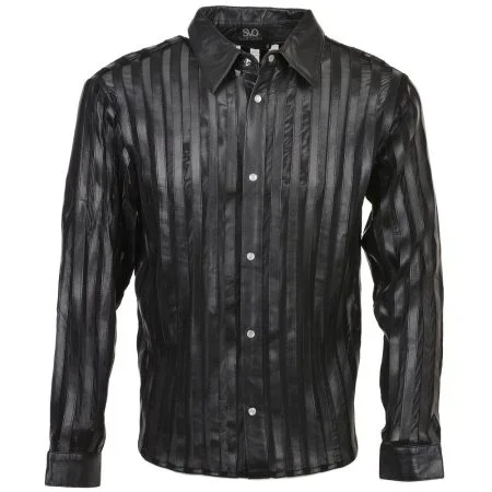 Men's Black Leather Dress Long Sleeve Striped Shirt