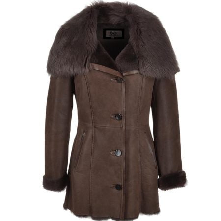 Women's Brown 7/8 Sheepskin Leather Coat Fur Collar Cuff Trim