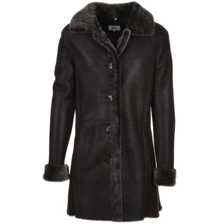 Women's Sheepskin Leather Fur Trim 7/8 Coat