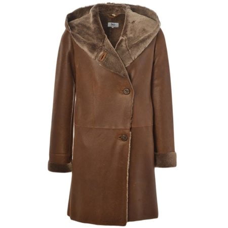 Women's Brown Sheepskin Leather 2 Button Hooded Long Coat