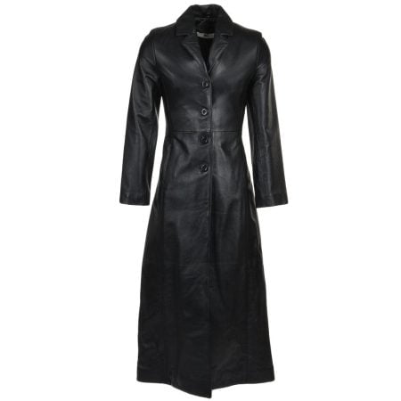 Women's 4 Button Black Leather Trench Coat