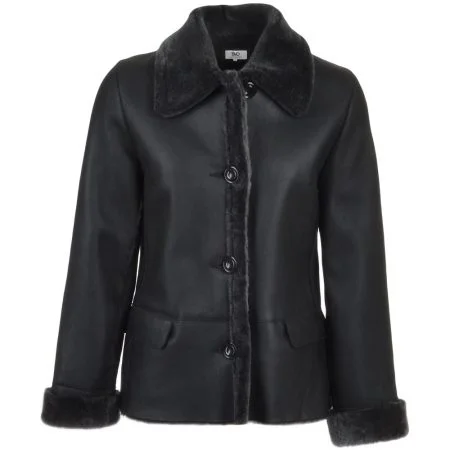 Women's 3 Button Sheepskin Suede Black Leather Short  Fur Trim Jacket