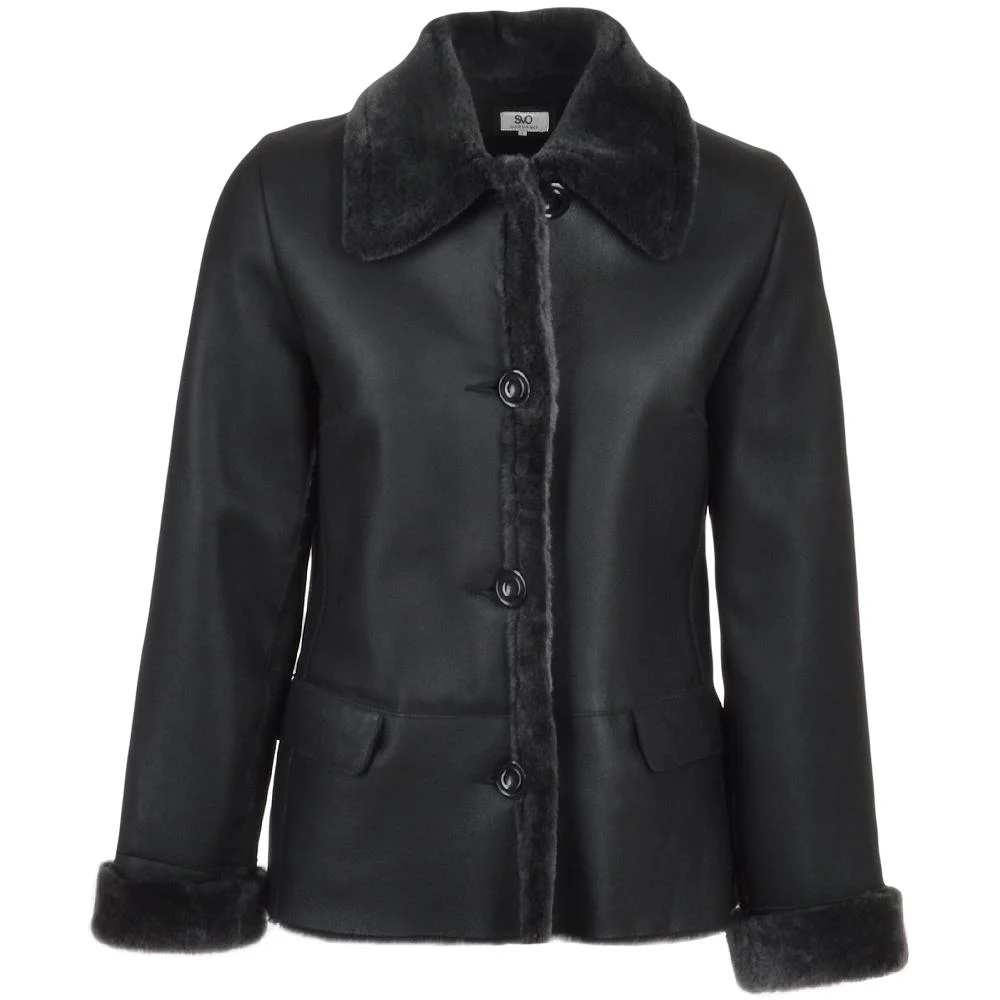 LC208_main Women's 3 Button Sheepskin Suede Black Leather Short Fur Trim Jacket