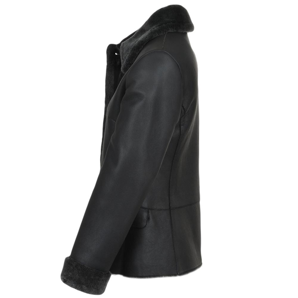Women's 3 Button Sheepskin Suede Black Leather Short Fur Trim Jacket ...