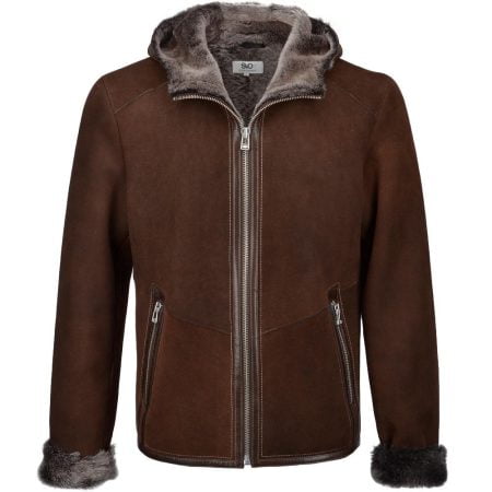 Men's Brown Sheepskin Leather Fur Trim Hood 3/4 Jacket