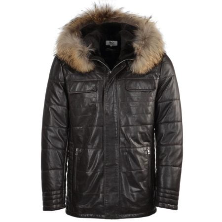 Men's Lambskin Leather Fur Trim Hood Brown Puffer Jacket