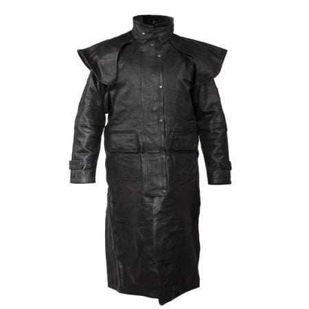 Men’s Heavy Duty Premium Leather Duster Trench Coat with Cape & Zipout Lining