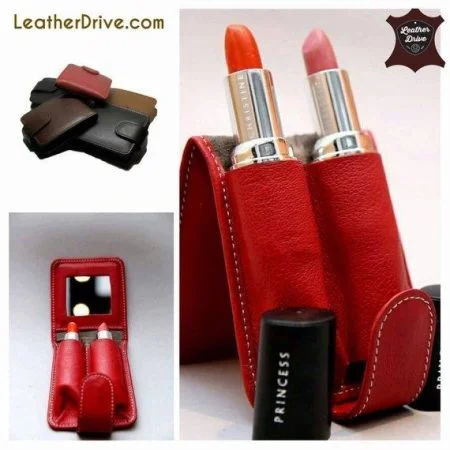 Bella Full Grain Leather Double Lipstick Case Holder with Mirror