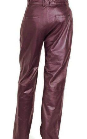 Women’s Burgandy Soft Leather Pleated Dress Pants with Open Hem Plus Size